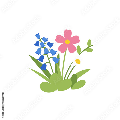 Vibrant illustration of spring wildflowers blooming with bluebells and pink blossoms.