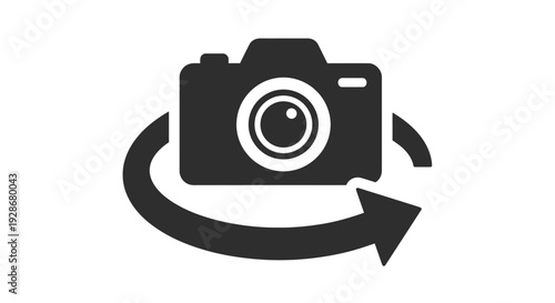 Vector graphic illustration depicting a camera icon with a rotating arrow, symbolizing a switch between front and rear views or image orientation.