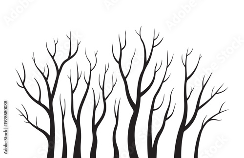 Set of bare tree silhouettes, collection of black forest tree icons with no leaves for winter theme