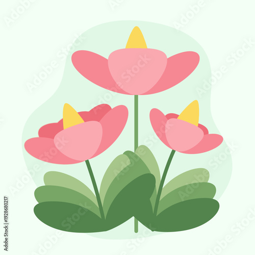 Three pink lotus flowers with green leaves illustration.