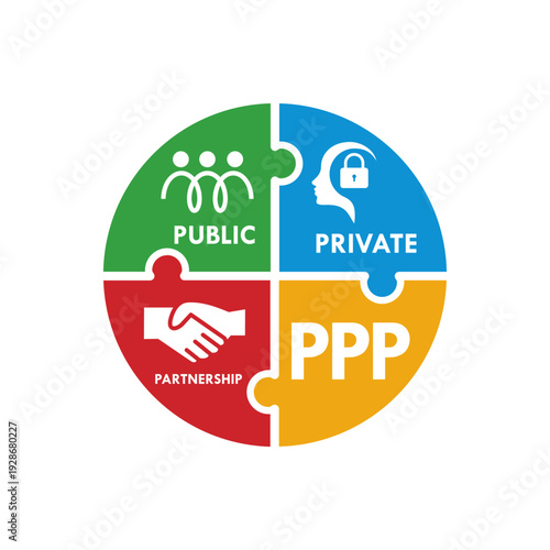 Public Private Partnership (PPP) logo featuring people, security lock, and handshake icons representing collaboration between government and private sectors for development.