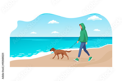 A girl walks a brown dog on the beach in front of a turquoise ocean in a green hoodie under a clear blue sky with white clouds, realistic minimalist illustration vector See Less