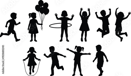 Silhouette of happy children playing, jumping, running, skipping rope, holding balloons, and hula hooping in a joyful vector set