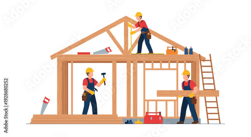 Three construction workers in red shirts and blue overalls assemble a wooden house frame using tools and measuring equipment.