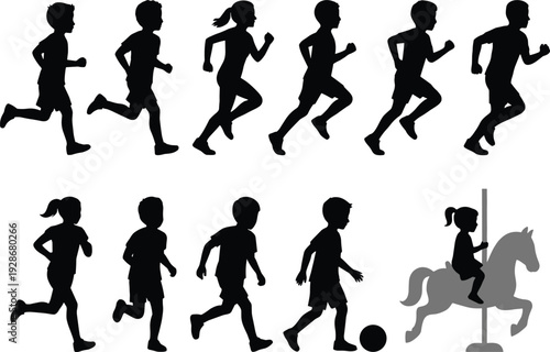 Silhouette of children running, playing soccer, and riding a carousel horse in a set of active vector illustrations