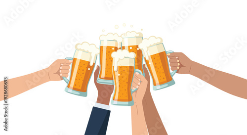 Five diverse hands raise glass mugs filled with golden beer and frothy white foam to celebrate a toast against white background.