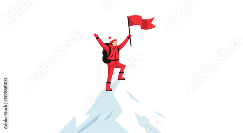A climber wearing a red winter suit celebrates with raised arms on a snowy mountain summit while holding a red flag.
