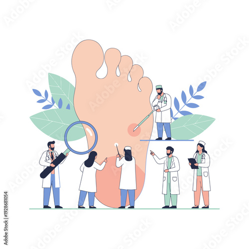 Doctors examine foot with magnifying glass and tools, dermatology concept