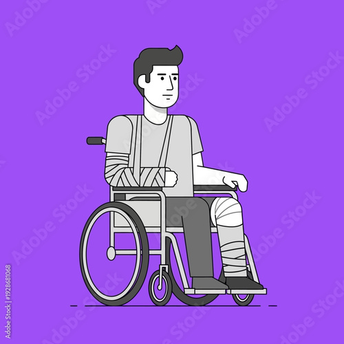 Injured man in wheelchair with arm and leg casts, recovery, rehabilitation