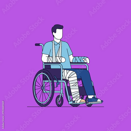 Injured man in wheelchair with multiple casts and bandages, recovery concept