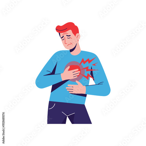 Man clutching chest in pain, heart attack symptom, chest pain, medical emergency