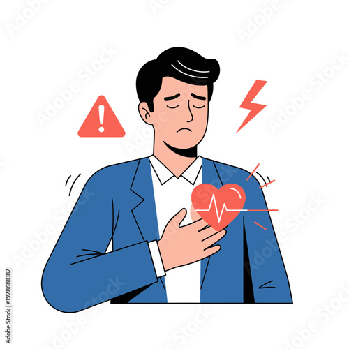Man holding chest with heart pain, warning signs, health problem, medical emergency
