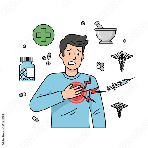 Man clutching chest in pain, surrounded by medical symbols, pills, and syringe.