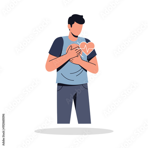 Man holding chest with heart symbol and EKG line, chest pain, heart attack, cardiology concept