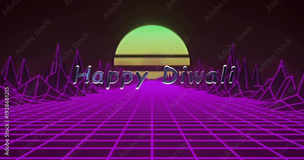 Fototapeta premium Glowing chrome 3D Happy Diwali text reflecting on magenta grid near horizon, purple peaks and sun