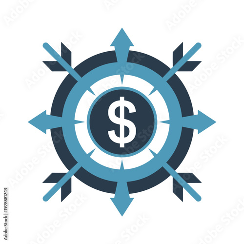 Financial target with arrows pointing outwards like a compass