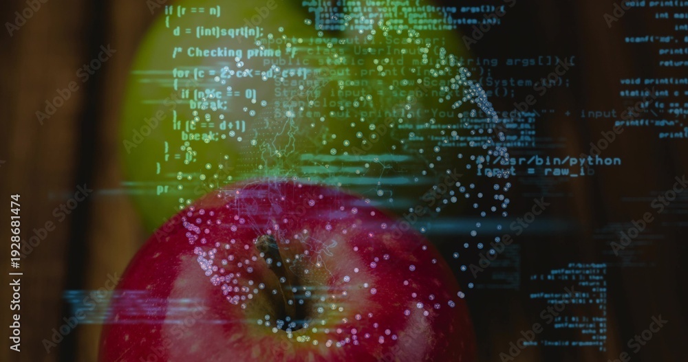 Fototapeta Showing glossy red apple with stem sitting on wood board, green apple behind, cyan code dots