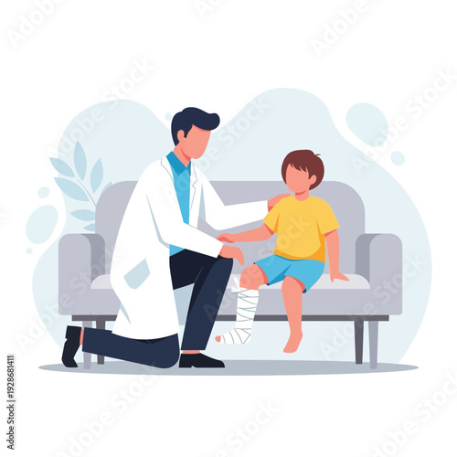 Doctor examining a child's injured leg with a cast on a sofa