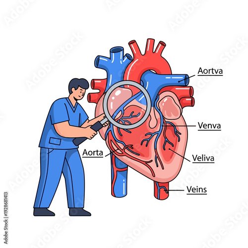 Doctor examining human heart anatomy with magnifying glass, cardiology concept