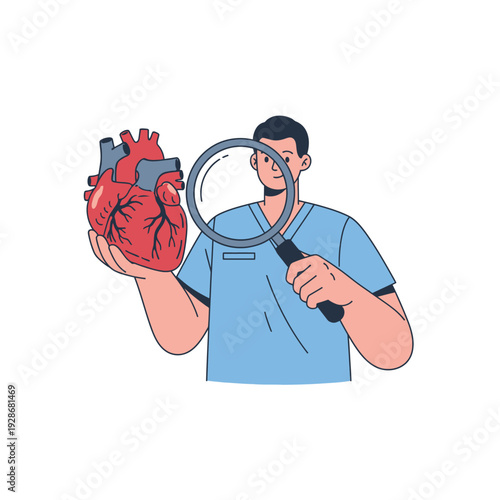 Doctor examining human heart with magnifying glass, cardiology research and diagnosis