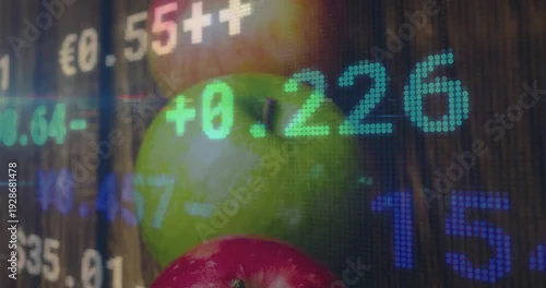 Obraz Displaying red apple showing stem, green apple behind on dark wood table, LED tickers €¥$