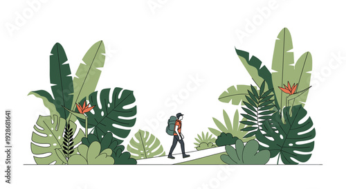 A lone hiker wearing a backpack and hat walks along a path surrounded by oversized tropical plants and exotic flowers in a minimalist style.