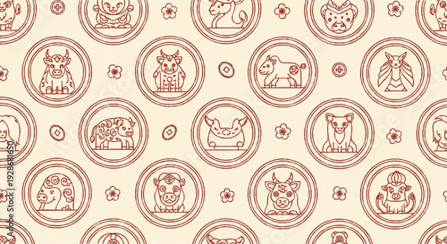 Vintage red animal pattern on cream background with circular icons
