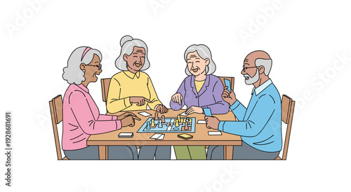 Four elderly friends sit at a wooden table playing a board game with colorful pieces and cards while smiling and interacting together.