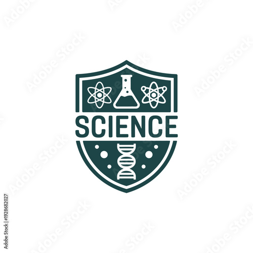 A science emblem featuring atoms, a beaker, and a DNA strand.