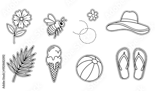 Spring summer outline sticker collection cute seasonal doodle vector