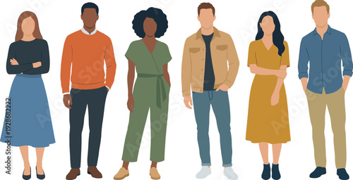 Diverse group of multiracial men and women standing together in casual clothing, flat vector illustration isolated on white background