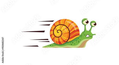 A cartoon snail with an orange and yellow striped shell and green body moves quickly to the right with motion lines on a white background.