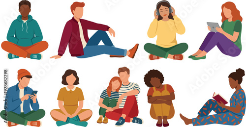 ​Set of diverse people sitting and relaxing, young men and women in casual clothes, flat vector characters, isolated icons