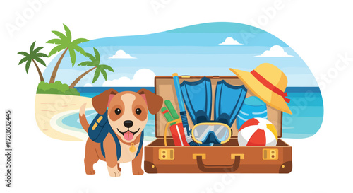 A small puppy wearing a blue backpack stands next to an open suitcase filled with beach gear on a tropical sandy shore with palm trees.