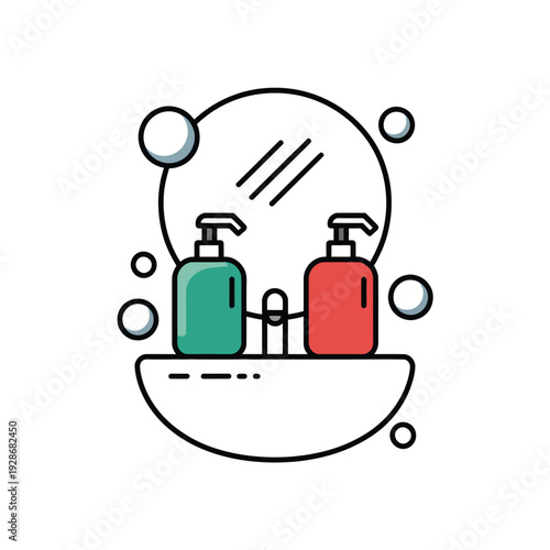 Two soap dispensers sit on a shelf above a sink with a mirror.