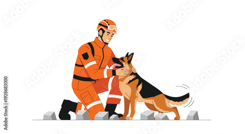 A rescue worker in an orange jumpsuit and helmet kneels down to pet a German Shepherd dog standing on a white background with concrete blocks.