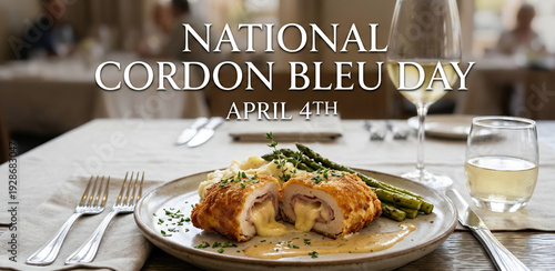 National Cordon Bleu Day celebration with sliced chicken stuffed with ham and swiss cheese, asparagus, and white wine.