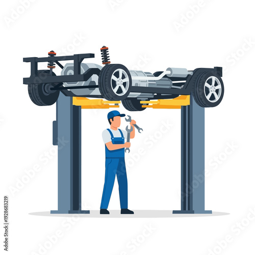 Mechanic working on car chassis lifted on hydraulic platform in auto repair shop