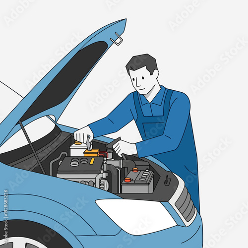 Mechanic working on car engine under open hood, auto repair service, vehicle maintenance