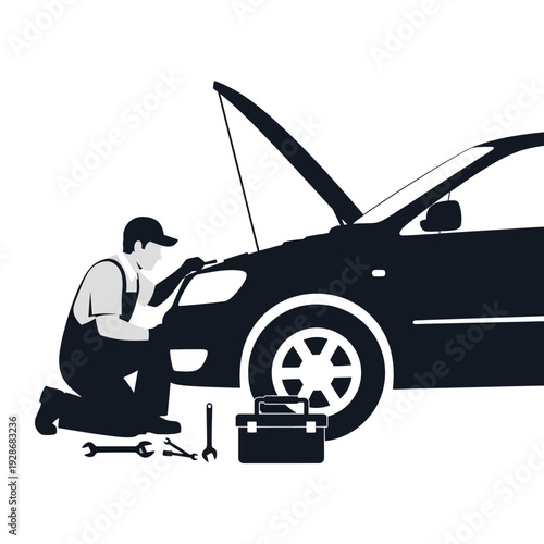 Mechanic working on car engine with tools and toolbox, auto repair service concept