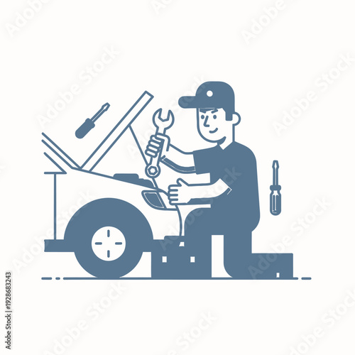 Mechanic working on car engine with tools, auto repair service, professional maintenance concept