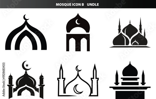 Mosque icon bundle. Includes six different black silhouette mosque and crescent moon symbols. Created in minimalist flat style with a black and white palette