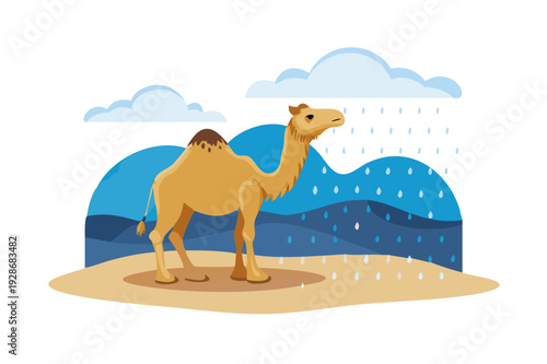 A girl walks a brown dog on the beach in front of a turquoise ocean in a green hoodie under a clear blue sky with white clouds, realistic minimalist illustration vector See Less
