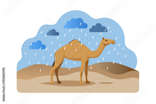 A girl walks a brown dog on the beach in front of a turquoise ocean in a green hoodie under a clear blue sky with white clouds, realistic minimalist illustration vector See Less