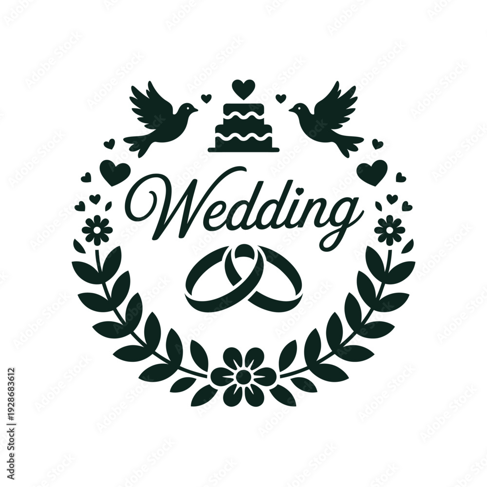 Obraz premium A wedding celebration emblem features doves, a cake, rings, and floral elements.
