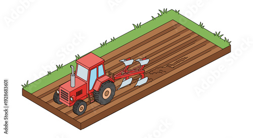 Red Tractor with Plow on Farmland.