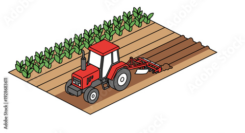 Red Tractor Working in Agricultural Field.