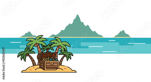An open wooden treasure chest filled with gold coins and blue gems sits on a sandy island with palm trees overlooking a turquoise ocean.