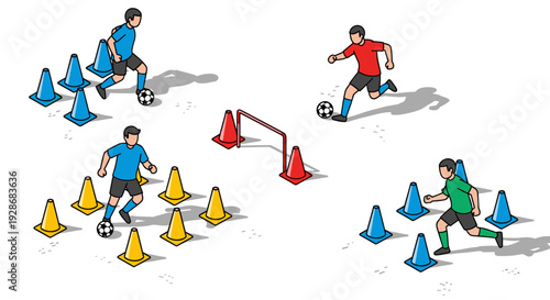 Soccer Players Training with Cones and Ball.