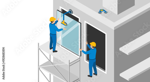 Window Cleaners on Scaffolding at Work.